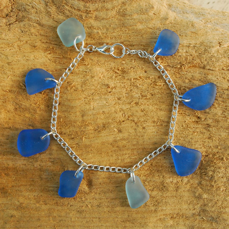 Two shades of blue beach glass bracelet