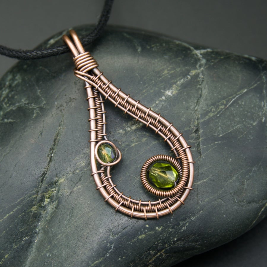 Copper Wire Weave Drop Pendant with Faceted Olive Green Glass Beads