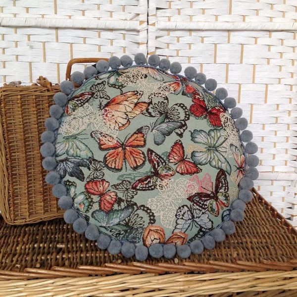 Circle cushion, tapestry and denim, complete cushion