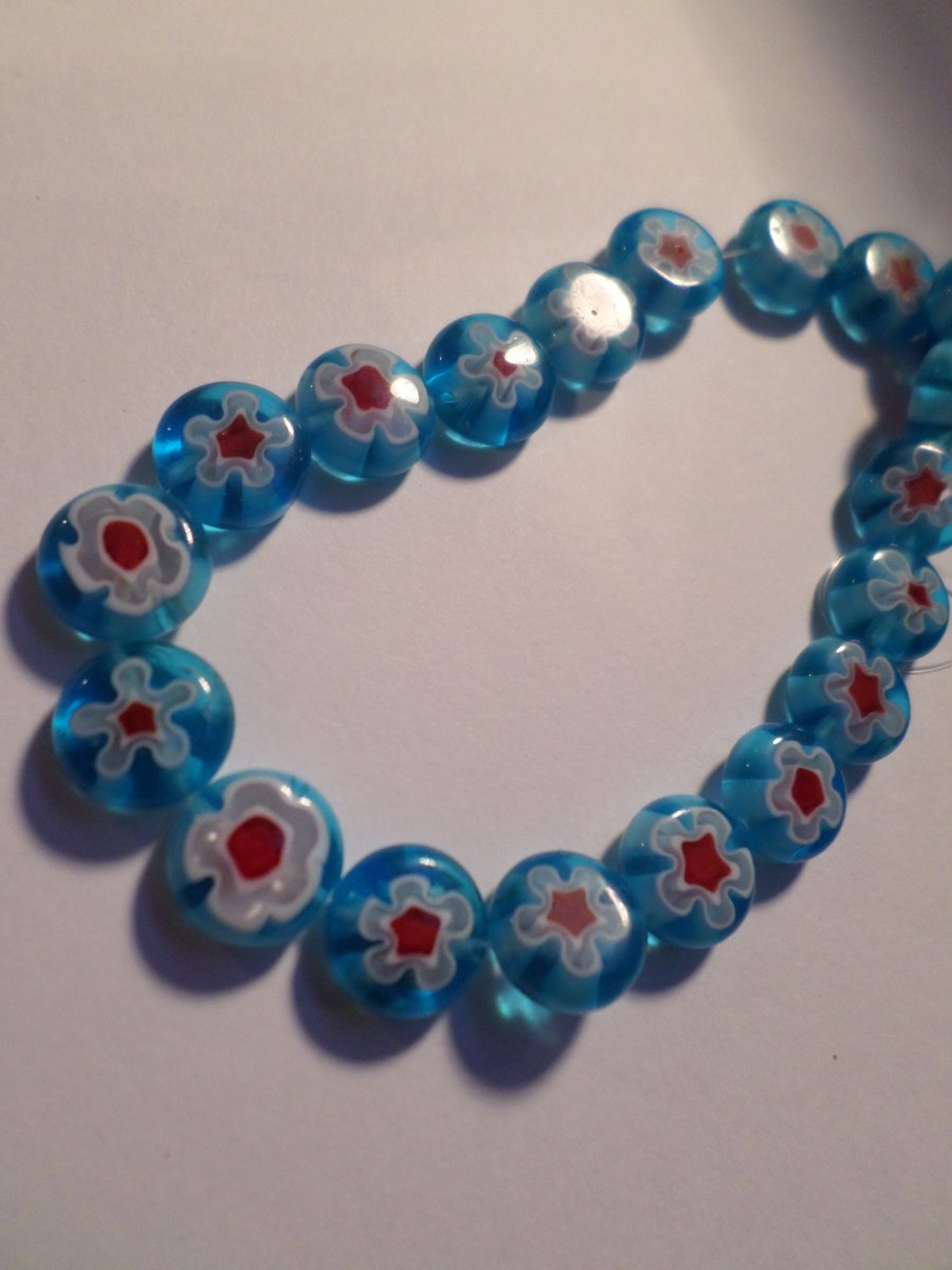 25 x Glass Coin Beads - 10mm - Millefiori Flower - Blue 