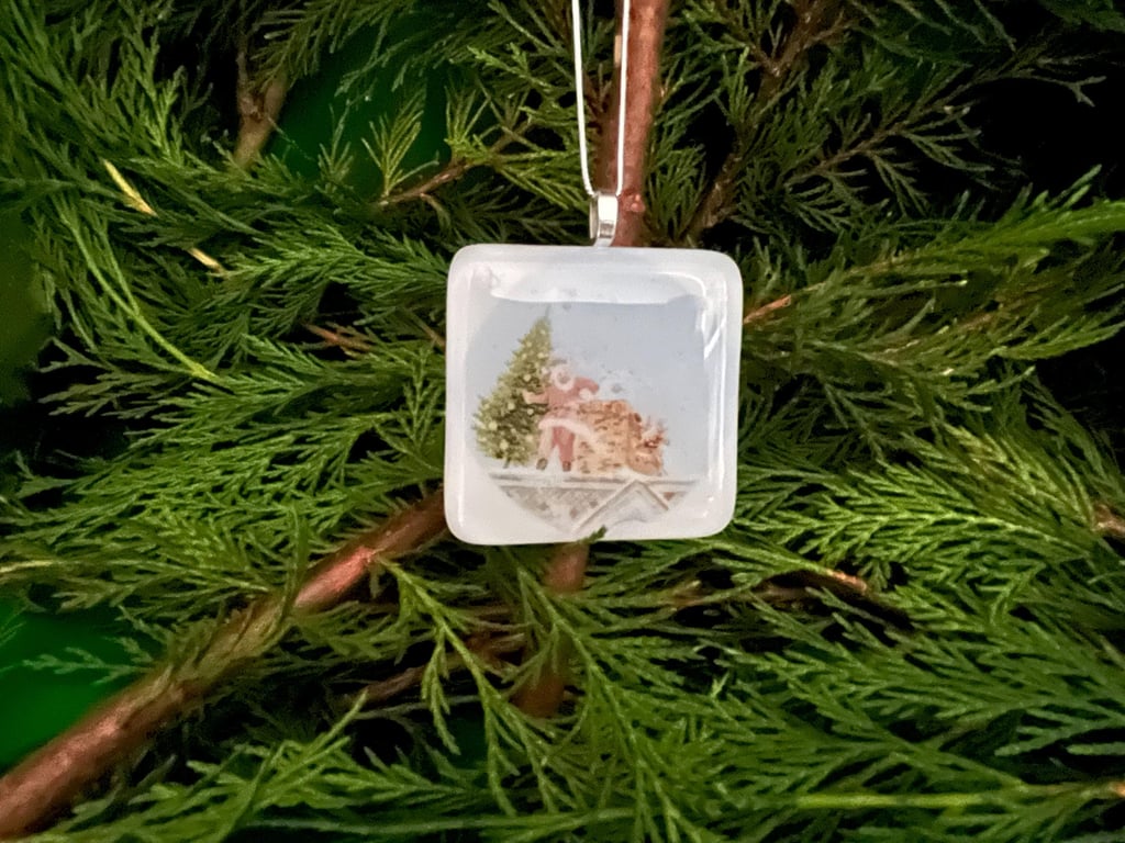 Handcrafted Christmas Card with Artisan Fused Glass Santa on the Roof 