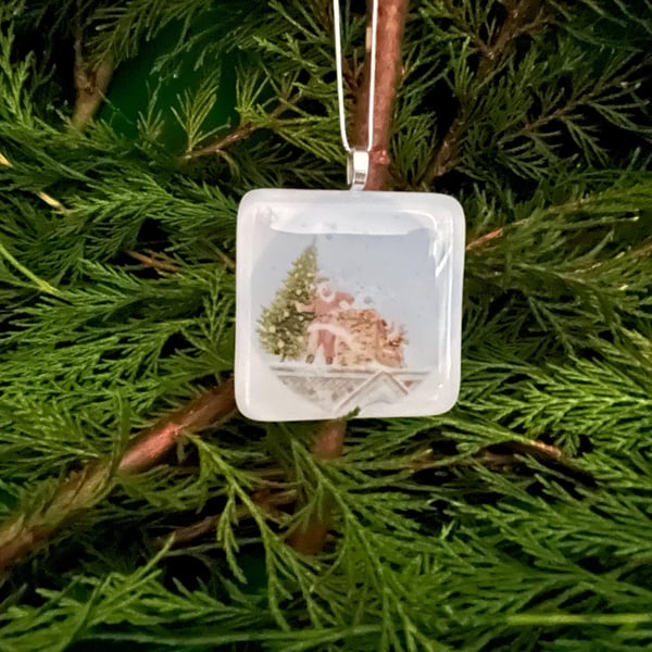 Handcrafted Christmas Card with Artisan Fused Glass Santa on the Roof 