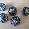 Five Vintage, Black and Gold, Floral Glass Buttons