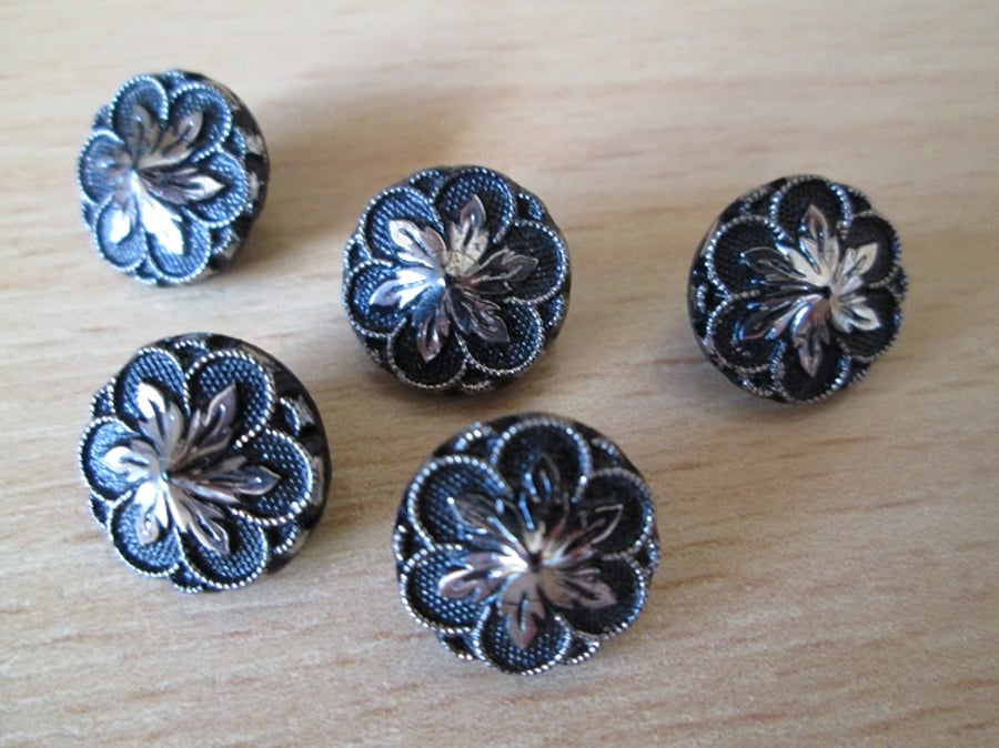 SOLD - Five Vintage, Black and Gold, Floral Glass Buttons