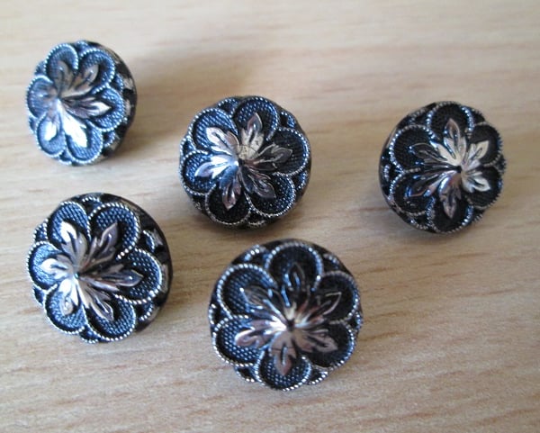 SOLD - Five Vintage, Black and Gold, Floral Glass Buttons
