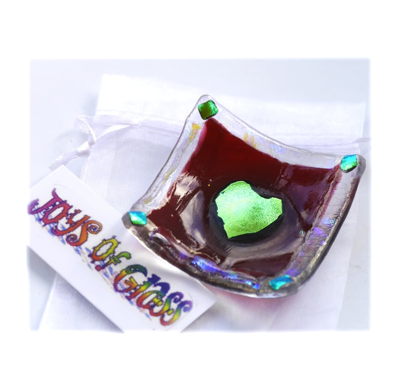 Earring Dish Fused Glass 6cm  003 Cranberry Dichroic Heart 