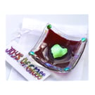 Earring Dish Fused Glass 6cm  003 Cranberry Dichroic Heart 