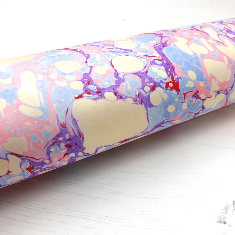 A4 Marbled paper sheet in blue, red pink purple 