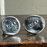Sterling Silver Cupid Seal Stud Earrings "BEWEAR"