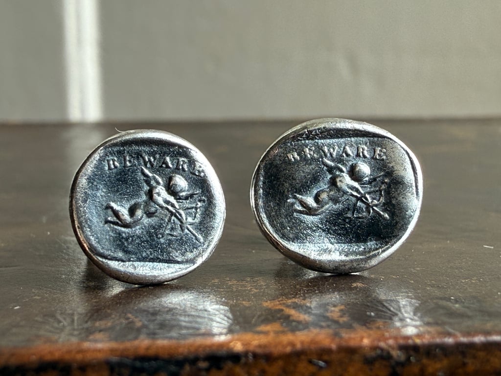 Sterling Silver Cupid Seal Stud Earrings "BEWEAR"