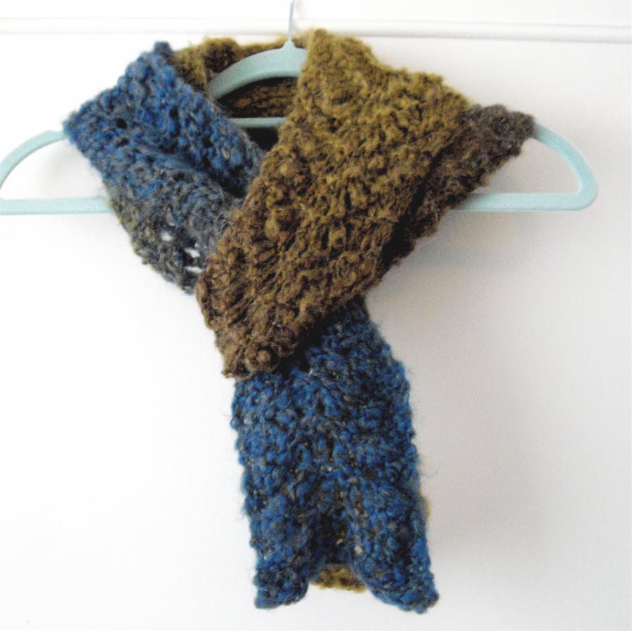 Blue Khaki and Brown Tones Skinny Lacy Knitted Scarf - UK Free Post