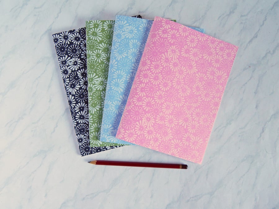 Set of Four Daisy Notebooks Sketchbooks. Indian paper with Daisy Print. 