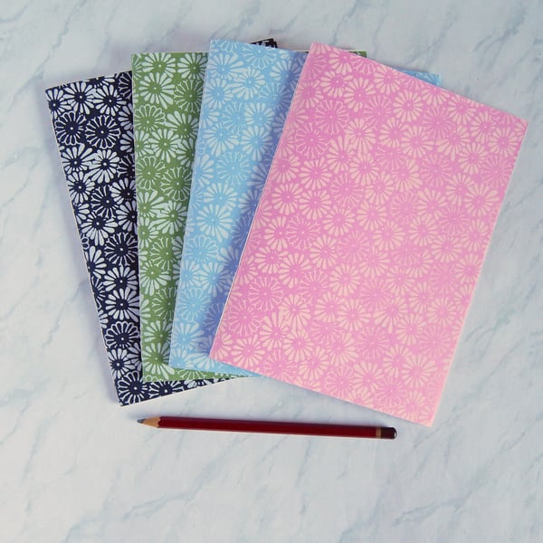 Set of Four Daisy Notebooks Sketchbooks. Indian paper with Daisy Print. 