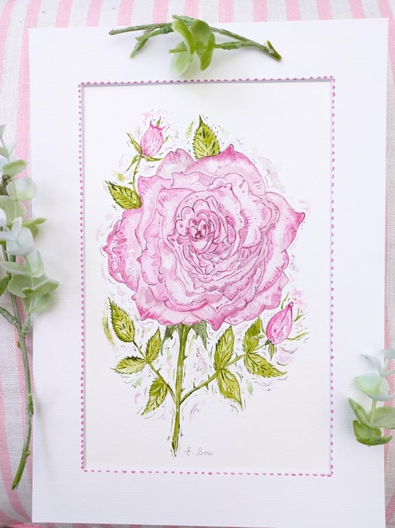 Pink Rose watercolour painting A4 mounted 