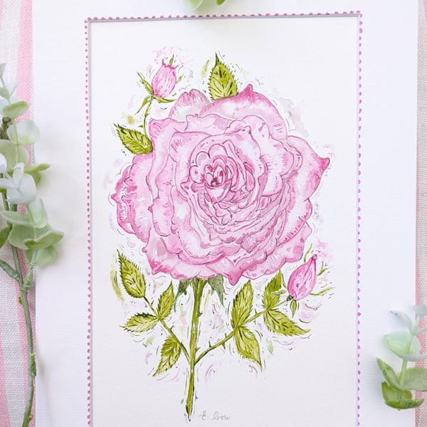  Pink Rose watercolour painting A4 mounted 