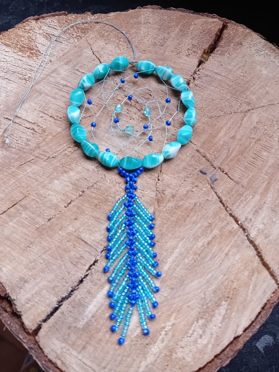 Small blue and white ocean vibes beaded feather dream catcher