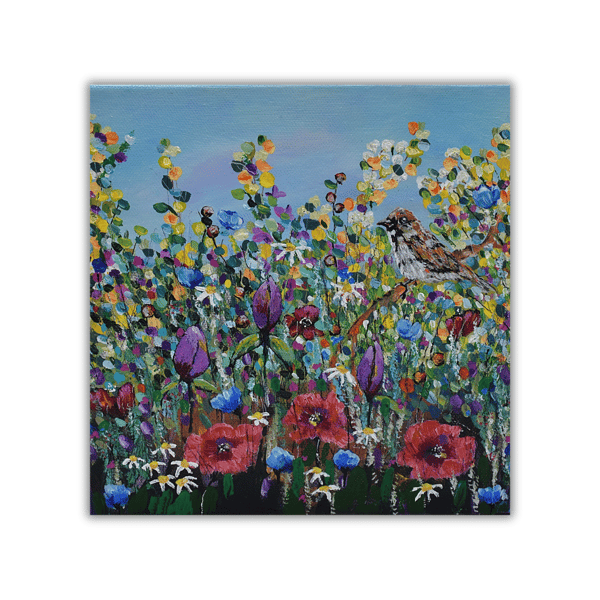 An original painting of Scottish wildflowers and a sparrow. Ready to hang.