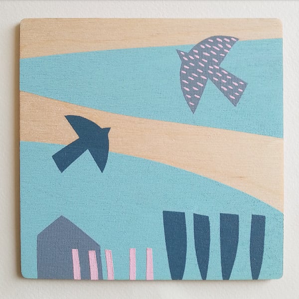 Framed Screenprint on Wood - Bird Print - Abstract Print - Hand Printed