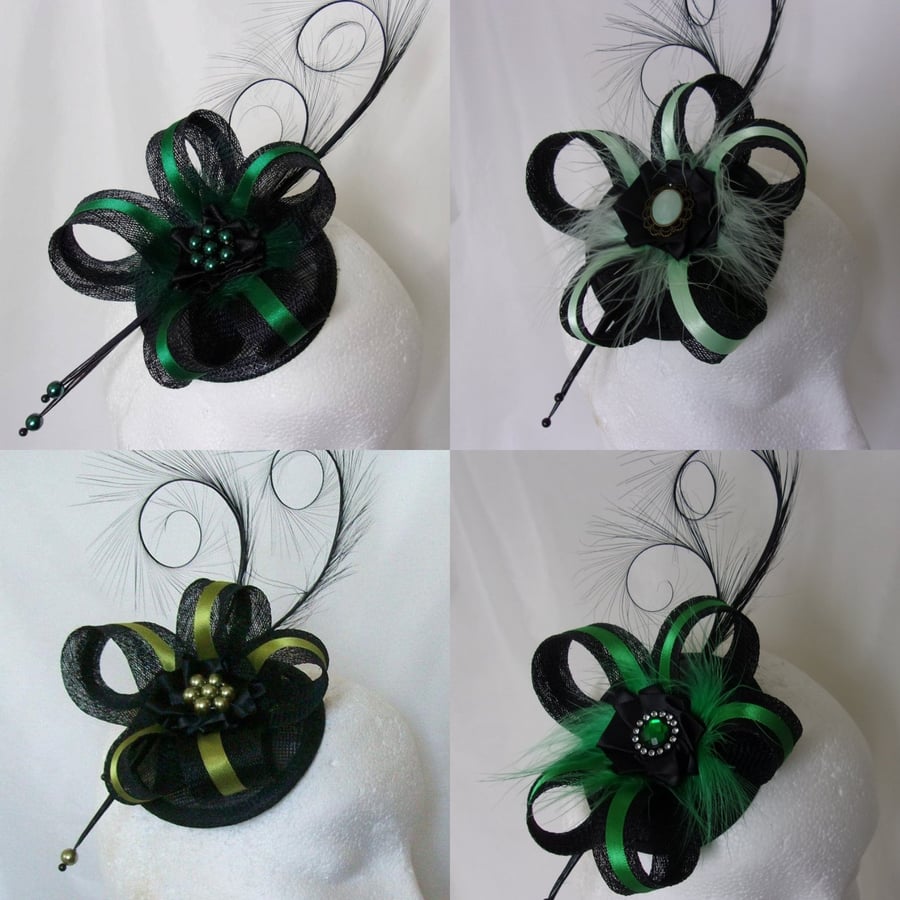 Black and Green Coloured Sinamay Loop & Feather Wedding Fascinator Mini Hat