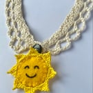 Crochet Lace Collar With Wool Felt Embroidered Smiley Sun Pendant