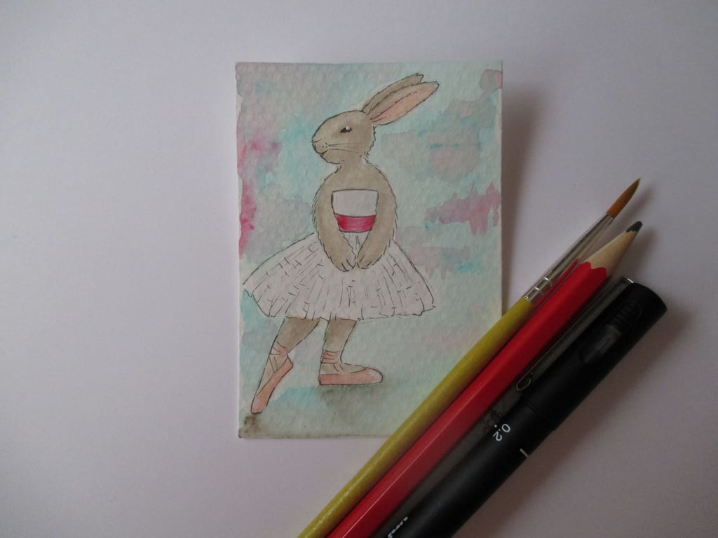ACEO Bunny Rabbit Ballerina Ballet Dancing Bunny Rabbit Original Painting 016