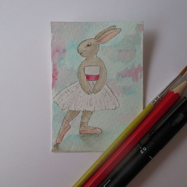 ACEO Bunny Rabbit Ballerina Ballet Dancing Bunny Rabbit Original Painting 016
