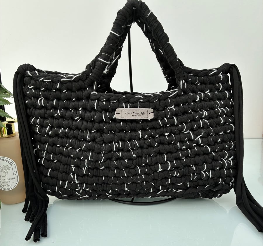 Handmade crochet small tassel tote