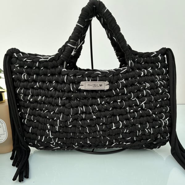 Handmade crochet small tassel tote