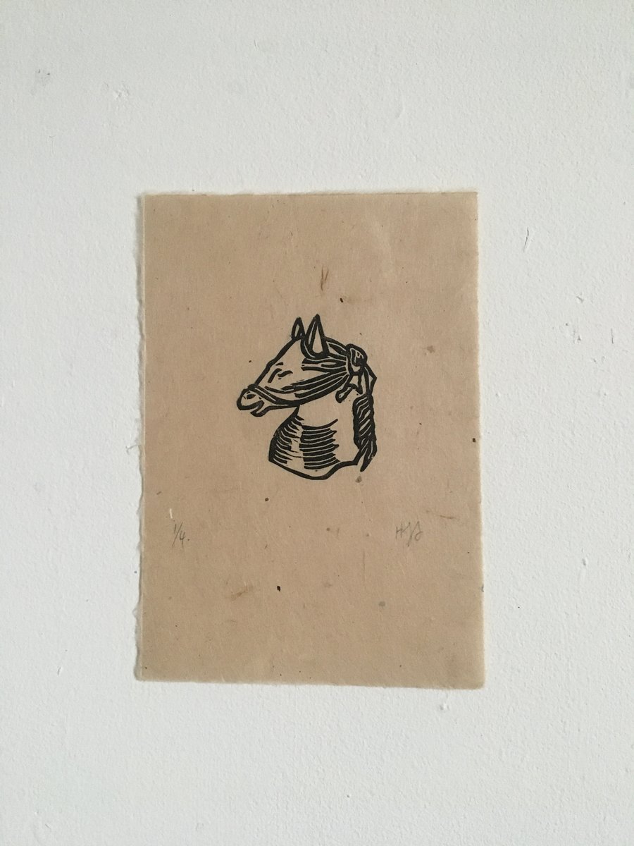 Blinfdolded Horse, linocut print on handmade paper