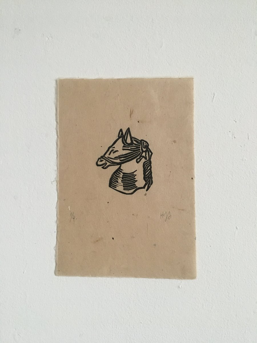 Blinfdolded Horse, linocut print on handmade paper