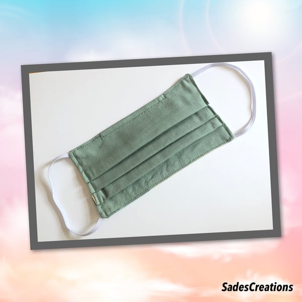 Two Layer Face Covering with Nose Wire in Sage Green. 100% Cotton