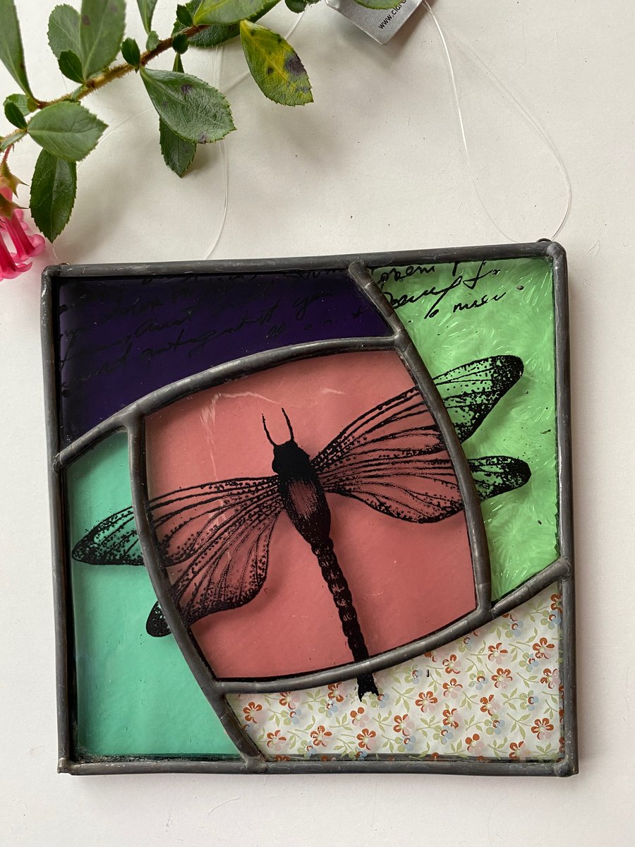 Stained Glass Screen Printed Dragonfly Panel
