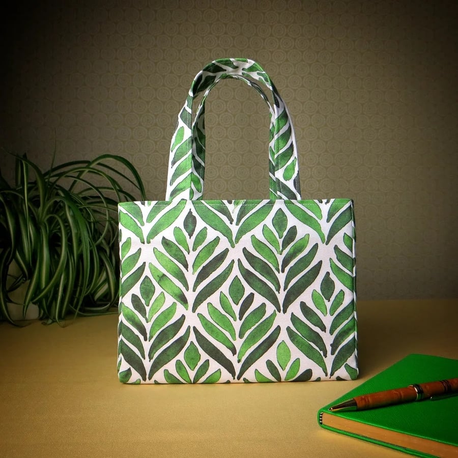 Mini Fabric Tote Bag - Green Watercolour leaves