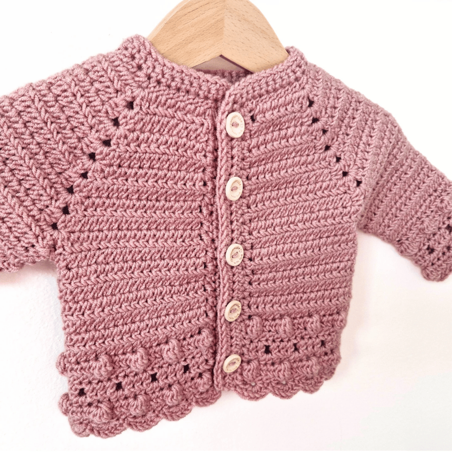 Dusky Pink Crochet Baby Cardigan – 0 to 3 Months – Handmade Gift 