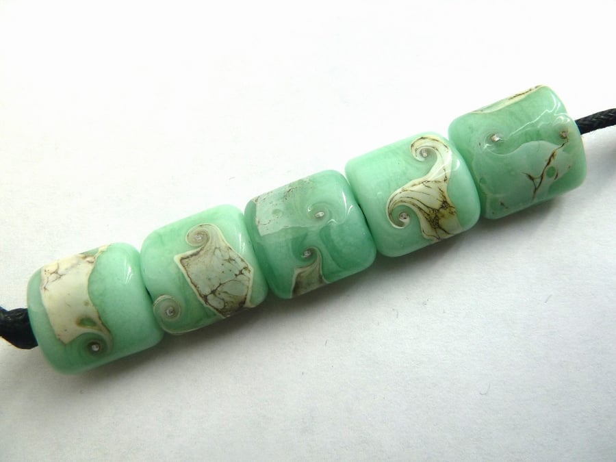 handmade lampwork glass beads, green and ivory