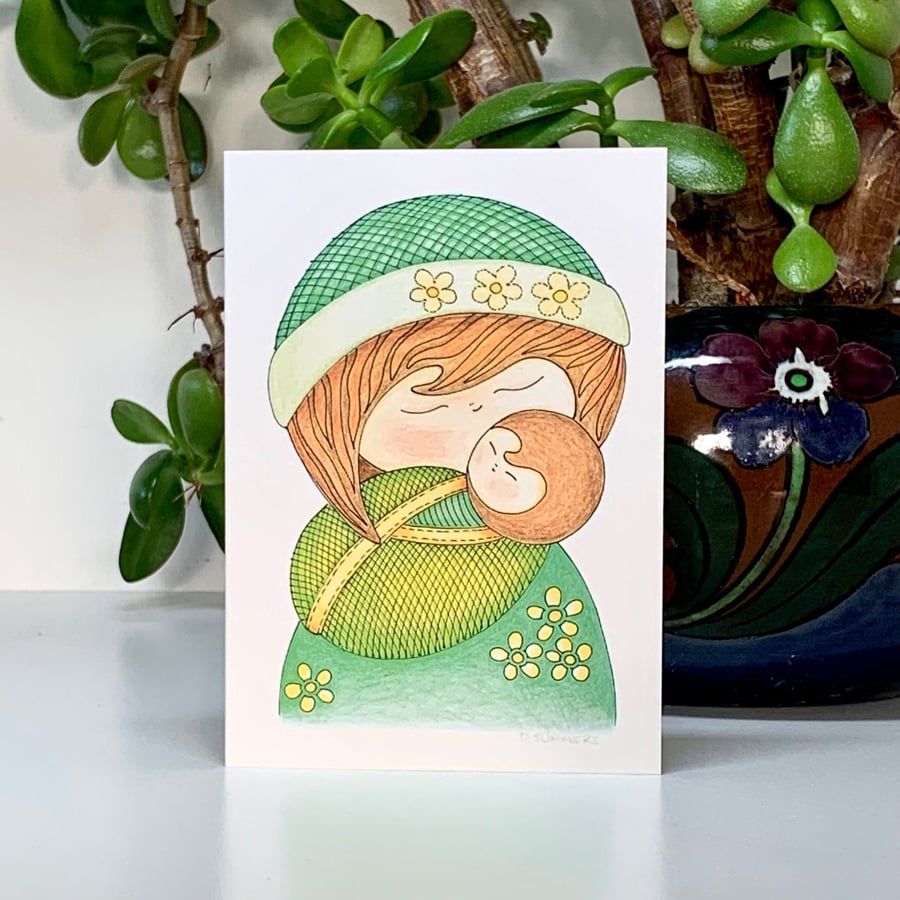 New Baby Card, Cute Mother and Baby Original Art Greetings Card