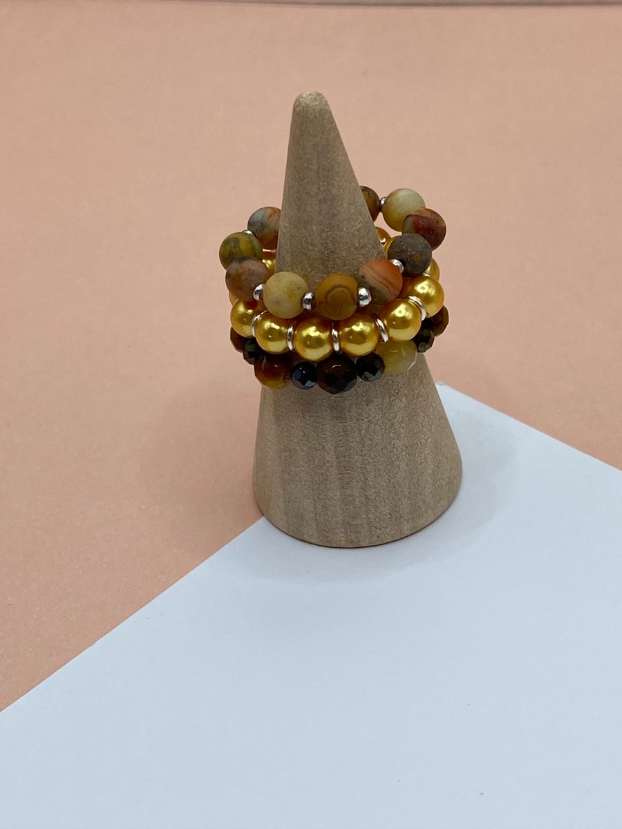 3 stretchy stacker rings with tiger's eye, crazy lace agate and shell pearls