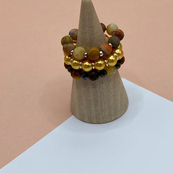 3 stretchy stacker rings with tiger's eye, crazy lace agate and shell pearls