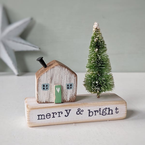 Little Wooden Handmade House in a Bag with Christmas Tree 'Merry & Bright' 