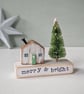 Little Wooden Handmade House in a Bag with Christmas Tree 'Merry & Bright' 