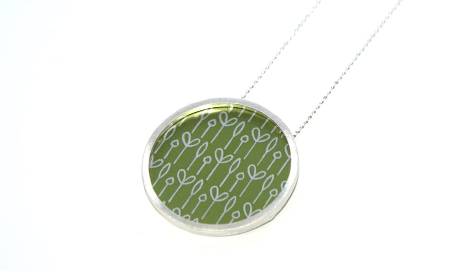 Silver and olive green circle large necklace - spring buds pattern