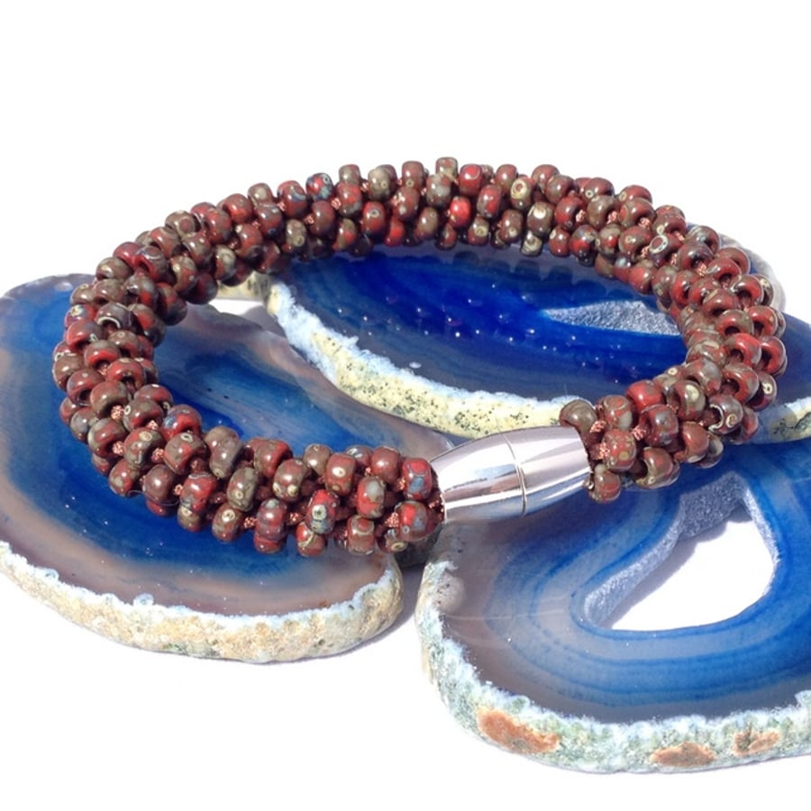Red Picasso Beaded Kumihimo Bracelet