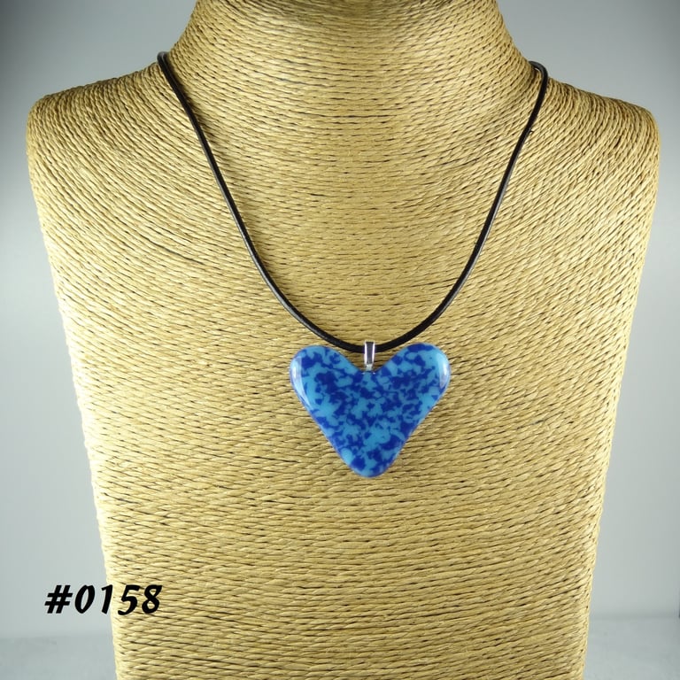 Blue handcrafted fused glass heart pendant on a black leather cord (0158)