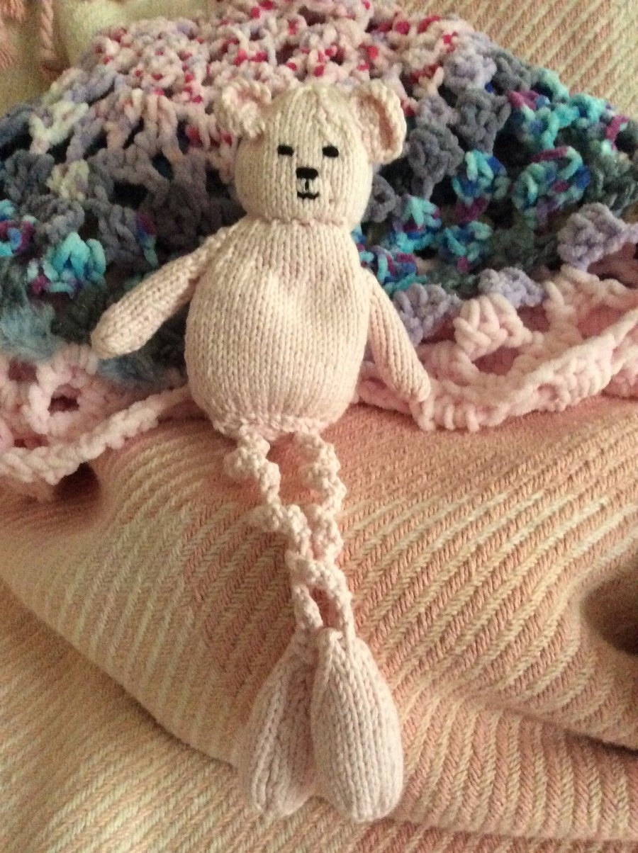 Hand Knitted Bear in Pastel Pink with Wavy Twisted Dangly Legs