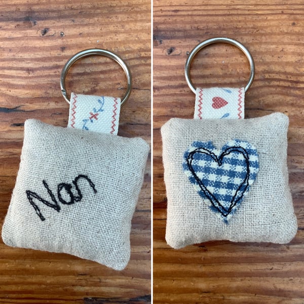 Nan keyring, Love Nan heart key ring, Blue gingham fabric key ring