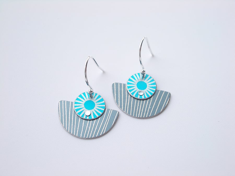 Semi circle earrings in grey and turquoise 