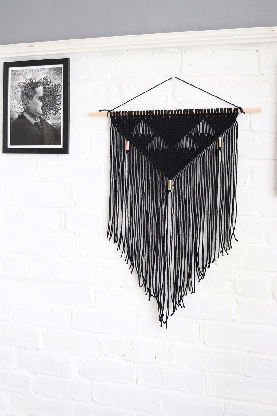 Macrame Wall Hanging, Black Gothic Medium Large Boho Beaded Woven Decor Made to 
