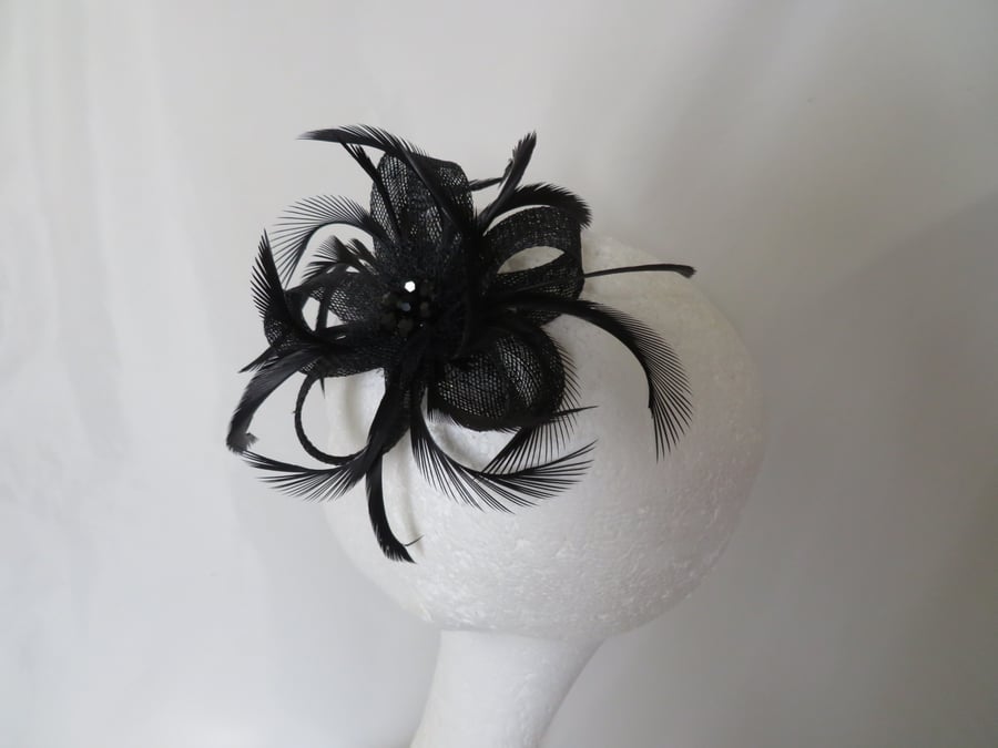 Black Feather & Crystal Small Sinamay Loop Clip In Fascinator