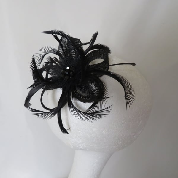 Black Feather & Crystal Small Sinamay Loop Clip In Fascinator