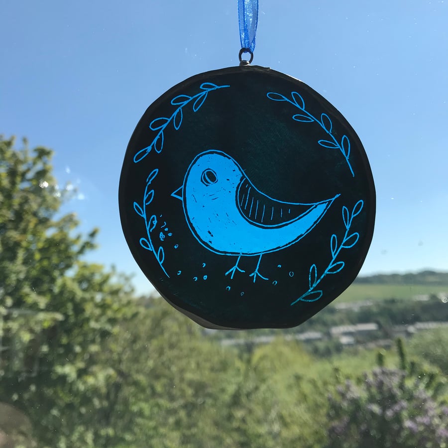 Blue bird stained glass suncatcher, circle